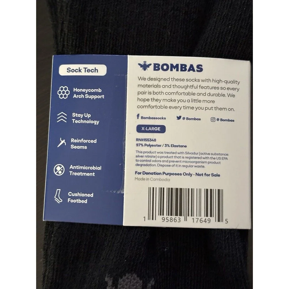 NEW Bombas Crew Socks Men Size XL Black Calf Honeycomb Arch Support